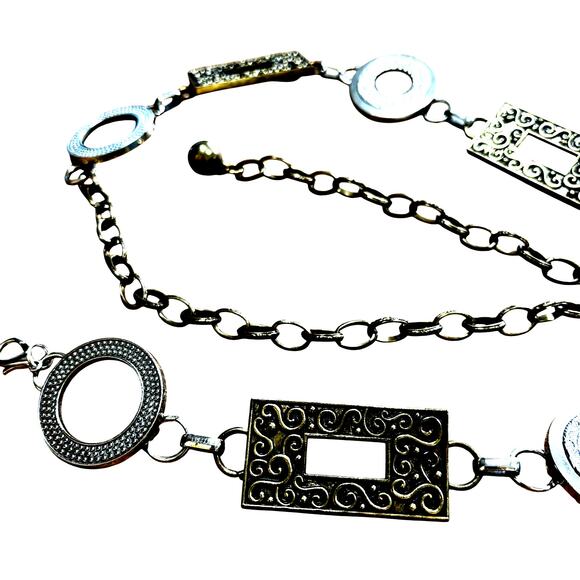 Ladies vintage Y2K chain belt textured geometric silver brass rings rectangles - Picture 3 of 6